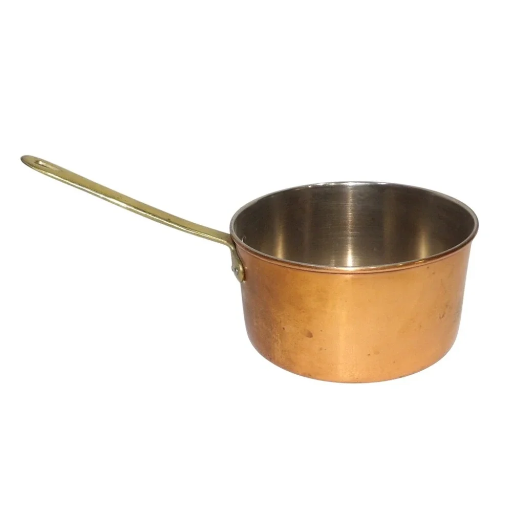 Vintage Copper Saucepan with Brass Handle Stainless Steel Lined Sauce Pot Small